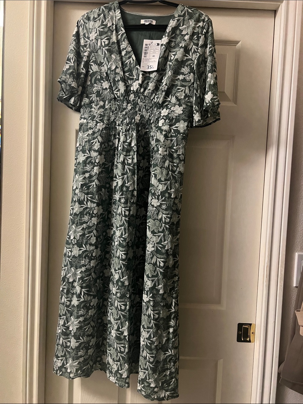 Smocked Waist Green Floral V-Neck Maxi Dress